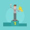 Successful winner businessman standing on the pedestal with a cup in the hand. Happy man in suit. Vector illustration.