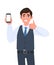 Successful young business man in vest suit showing blank screen mobile phone and gesturing thumbs up sign.