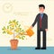Successful young businessman or broker watering money tree. Cart