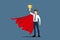 A successful young businessman with smiley face, wear red cape raise up & holding a gold trophy cup. Winner or leader male charact
