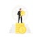 Successful and young businessman stand on coins and holding gold trophy. Success, champion, victory, money. Vector