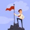 Successfull mission. Businessman standing with red flag on mountain peak. Goal achievement. Put flag on mountain peak, symbol of v