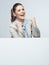 Successfull young business woman portrait out the blank white b