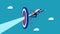 Successfully destroy the target. Businessman flying with rocket hitting target.