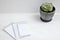 Succulent in a ceramic pot and notebooks on a white table