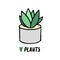 Succulent doodle print. Home plants in modern flowerpot