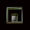 Succulent echeveria in a white flowerpot in a wooden green frame on a dark background. Interior decorator