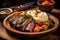 Succulent Feast: Top-Down Image of Medium-Rare Steak with Sides on Rustic Plate