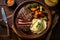 Succulent Feast: Top-Down Image of Medium-Rare Steak with Sides on Rustic Plate