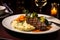 Succulent Feast: Top-Down Image of Medium-Rare Steak with Sides on Rustic Plate