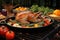 Succulent and flavorful roast goose cooking in a pan, ready to delight your taste buds