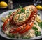 A succulent grilled lobster, its shell glistening with butter and herbs.