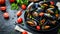 Succulent grilled mussels served on elegant black plate classic mediterranean cuisine