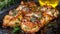 Succulent grilled octopus plated against dark background, classic mediterranean cuisine