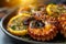 Succulent grilled octopus plated against dark background, classic mediterranean cuisine