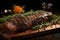 Succulent grilled picanha, surrounded by rosemary, garlic, embers and twilight sky., generative IA