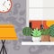 Succulent houseplants on windowsill, vector illustration. Apartment interior in flat style, collection of decorative