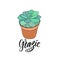 Succulent in the pot with text - Grazie thank you in Italian. Home decoration print. Vector illustration.