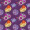 Succulent red and blue blooming plants and stones top view, seamless pattern design in bright neon colors palette on dark purple