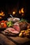 A succulent roast beef with vegetables, served beside a cozy, warm fireplace