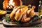 A succulent roast chicken placed at the center of a rustic wooden table, natural light accentuating its delicious allure