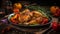 Succulent roast chicken sizzling in a hot pan, ready to be served with mouthwatering flavors