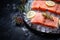 Succulent salmon fillets on ice, adorned with lemon and rose