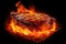 Succulent steak sizzling on BBQ grill, with flames dancing around it