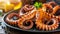 Succulent traditional mediterranean grilled octopus elegantly served on a chic black plate