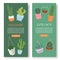 Succulents and cactus vertical botanical vector banners. Greenery lush, cacti, succulents, leaves, herbs in pottery and