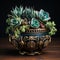 succulents in an ornate vase on a wooden table