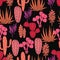 Succulents plant vector seamless pattern. Botanical black and pink rose cactus flora fabric print.