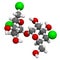 Sucralose artificial sweetener molecule. Used as sugar substitute. Atoms are represented as spheres with conventional color coding