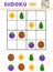 Sudoku for children, education game. Set of fruits with funny fa