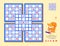 Sudoku for kids with 5 squares. Draw the signs in empty spaces so each line has one of a kind. Page for brain teaser book. Logic