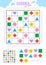 Sudoku for kids with various cute geometric figures with face emotions. Different cartoon basic figures, colorful vector