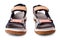 Suede sandals, velcro straps, flat sole white background isolated close up front view, trekking sandal shoes, sport footwear