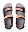 Suede sandals, velcro straps and flat sole white background isolated close up top view, trekking sandal shoes, sport footwear
