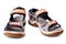 Suede sandals, velcro straps, flat sole white background isolated close up, trekking sandal shoes, nubuck leather sport footwear