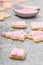 Sugar bakery, christmas cookies with pink royal icing and frosting