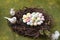 Sugar candy in the form of bird eggs on a glass plate in a wreath of branches on a green concrete background. Spring equinox day,