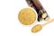 Sugar cane sugar, sugar brown in a white cup, sugarcane fresh piece, granulated sugar yellow on spoon wooden over white background