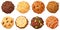 Sugar cookie. Chewy sprinkles, chocolate chip, soft frosted and fudge oatmeal cookies top view vector Illustration set