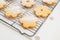 Sugar cookies in cute flower shapes close up on cooling rack. Shortbread cookies filled with raspberry jam