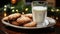 Sugar Cookies and Milk on a Small Plate Waiting for Santa on Christmas Eve. Generative AI