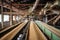 Sugar factory interior with conveyor belts transporting freshly cut sugar cane and machinery processing the raw material into