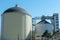 sugar factory. Sugar Plant Silo and Elevator Tower. Large concrete barrels of sugar. Granary elevator. Agro manufacturing plant