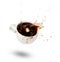 Sugar falling into a white cup of coffee. Bursts. Scattering drops. Expression. White background