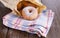 Sugar powdered cinnamon doughnuts in paper bag on rustic wooden background