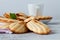 Sugar powdered madeleines with coffee and lemon. Selective focus